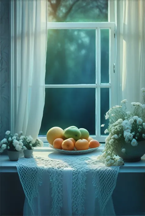 oil painting still life , vintage window illustration on a sunny day, iridescent light , Soft light, lace curtains, flowers, Fruits, dynamic light