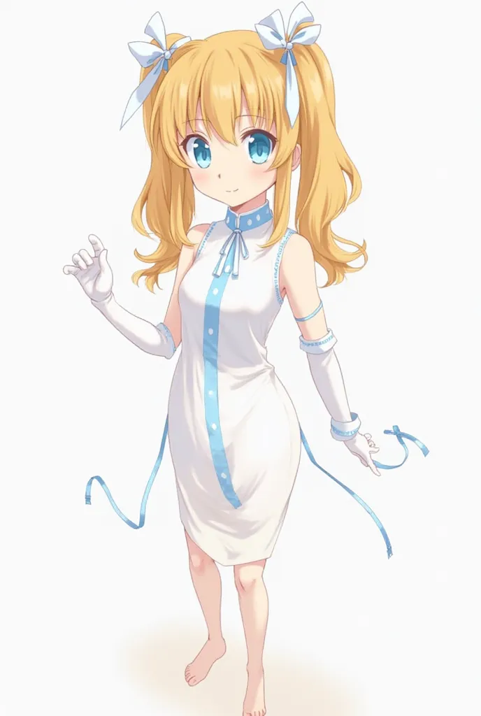 anime, best quality, HD, corrected anatomy. A female character with long, blonde caramel hair styled into two high pigtails, each adorned with a white and blue ribbon, baby blue eyes. wearing a white, form-fitting dress that is sleeveless and has a high ne...