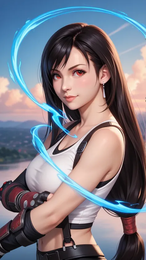 Draw Tifa from Final Fantasy smiling while her hair is sky blue and her eyes are sky blue while a blue aura surrounds her body 