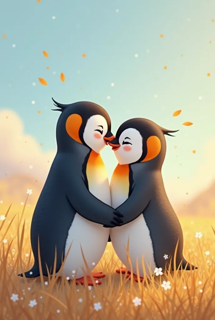 there are two penguins that are hugging each other in the middle of a field, a picture by Qu Leilei, tumblr, romanticism, cute digital art, lovely and cute, hug, penguinz0, kissing together cutely, cute cartoon, cute! c4d, aww, lovely couple, cute and love...