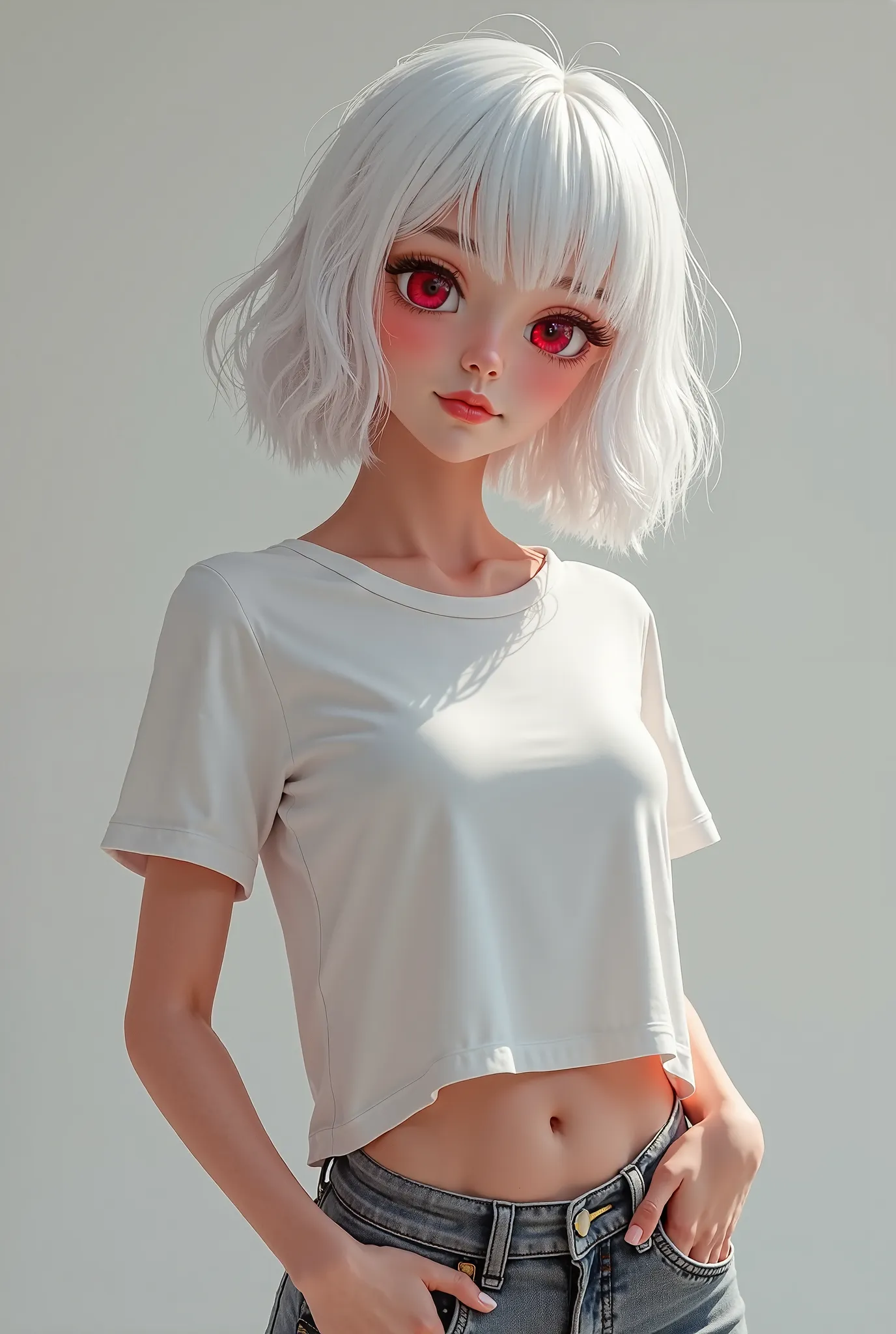 girl,  1 girl,   white hair, короткие   white hair каре,    WHITE LASHES   , red eyes.  Perfect facial proportions ,  ,    2 breast size,    Height 165   , Perfect body structure,  body type , white t-shirt,   jeans,   jeans черные. Stretching pose 