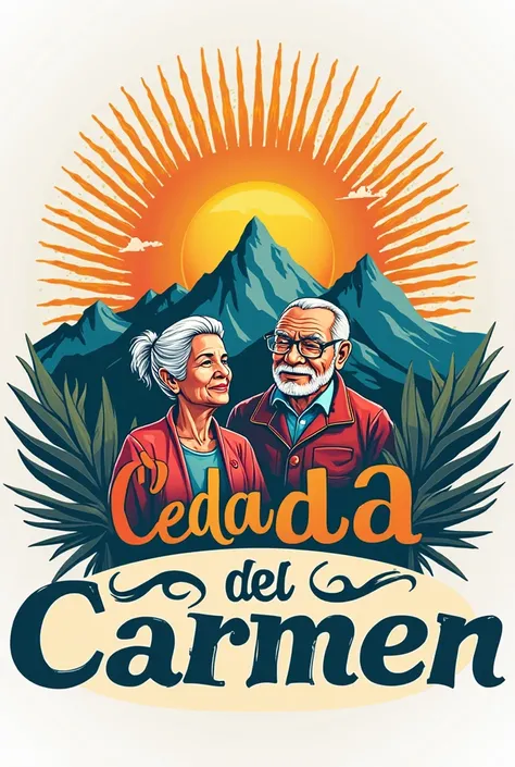 I need you to create a logo that reads like the title and small letters and that is logo size : Cediam Alto del Carmen and that the logo has a mountain in the background , a sun and two grandparents 