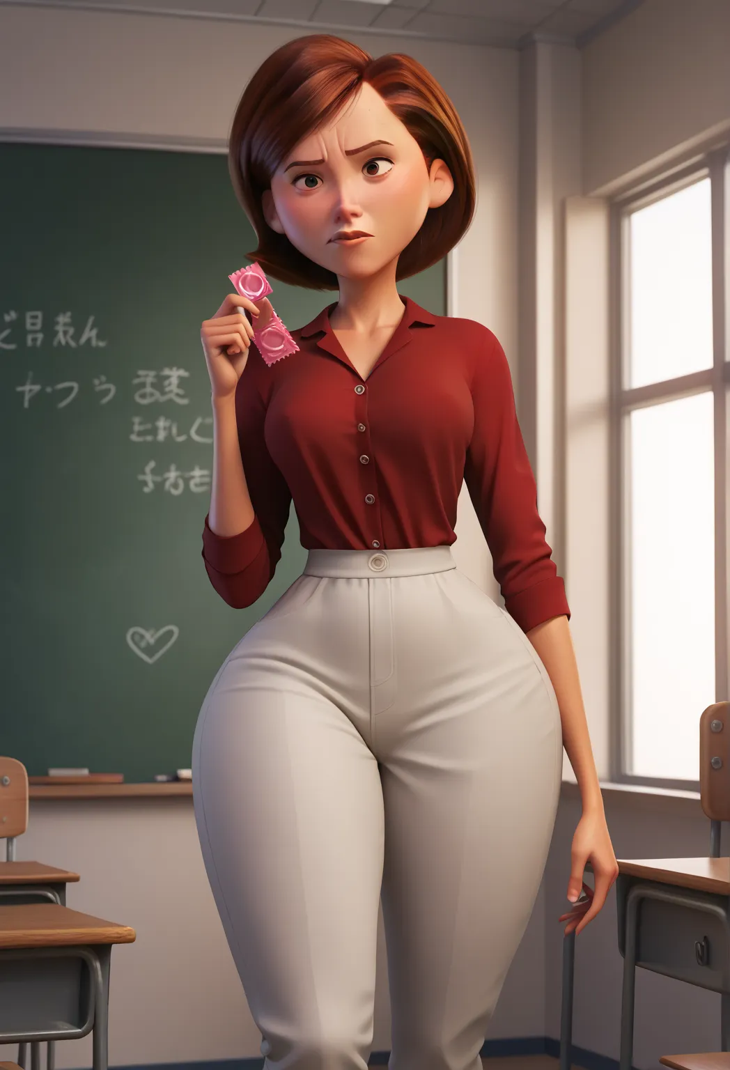 Helena Parr, eyes browns, short brown hair, ((women's casual red shirt)), defined eyes, nose defined, Defined mouth, Defined legs , defined hands, wide hips, BIG ASS,  medium breasts, (pink straight pants), 1 , school,  classroom, ambiente schoolr, Picking...