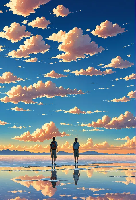  Draw simple art in the Tintin pixar style ,  a small boy in a large body of water with clouds in the sky, In the Uyuni salt flats, Incredible reflections  del cielo, Incredible reflections , Beautiful reflection, Impressive photo,  Epic and impressive ,  ...