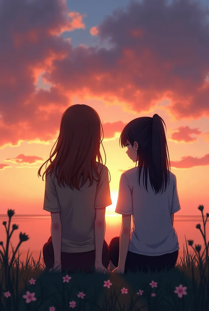 A cool girl , Brown hair and a huddled girl, Black hair, Sitting watching the sunset 