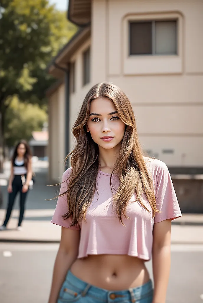 An Arafed woman wearing a pink blouse and denim shorts stands in front of a building, brown hair and a perfect body,  bra and shorts in street clothes, beautiful body and face, perfect body, flat torso ,  Portrait of Sophie Mudd ,   young and sweet ,  sexy...