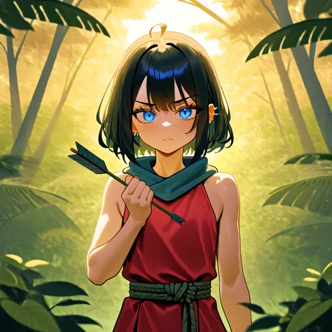 Tribemen, black hair, short hair, 1girl, blue eyes, red clothing, bow and arrow, jungle_setting, adult