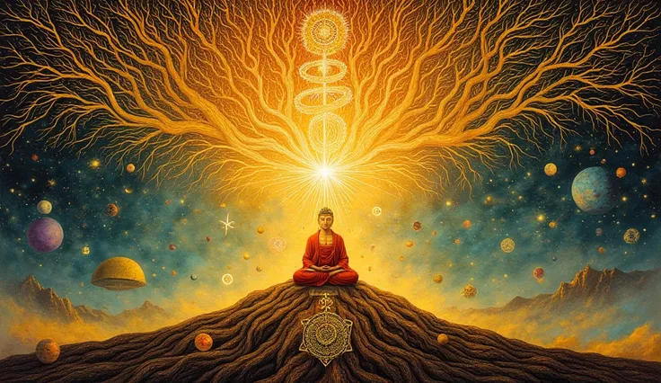 A meditative figure, representing a Buddha-like presence, sits under an expansive tree whose branches flow like tendrils of light, creating an ethereal atmosphere. The background is rich with intricate mystical patterns and symbols, further emphasizing its...