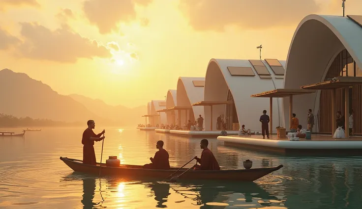 Morning scene: The sun shines golden through the clouds and bathes the water, a man rows a long narrow wooden boat. In the boat are three monks, holding blackened zinc alms bowls, sitting in meditation and peace. Along the way is a arch minimalist modern w...