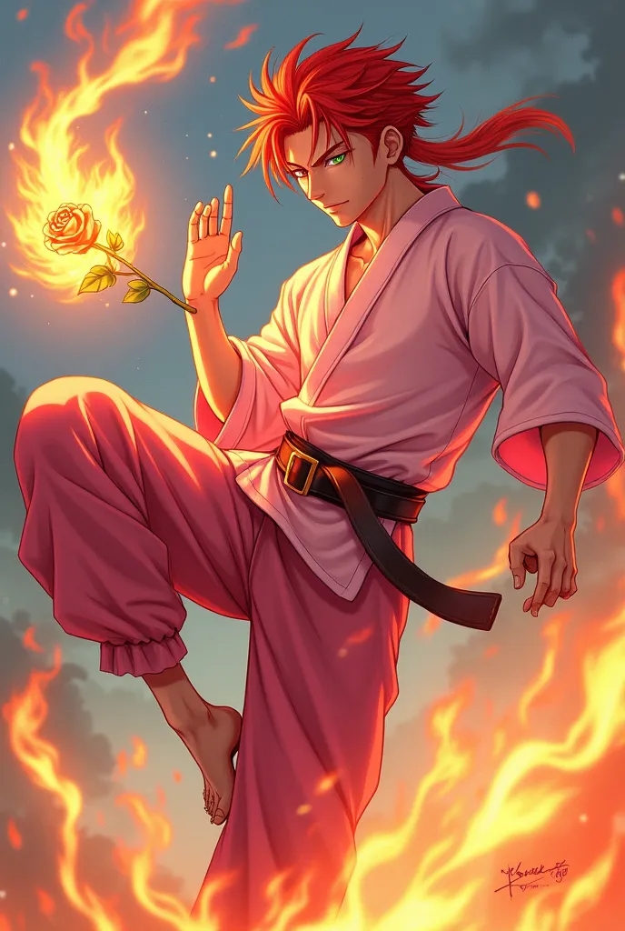  from anime, male, Red hair, with light pink blouse, With the face of a bad boy. He has a haircut called Mullet. Put him in a pink karate fighter kimono. He is now in a fighting pose,  kicking into the air . He controls the flames. He has a rose in his han...