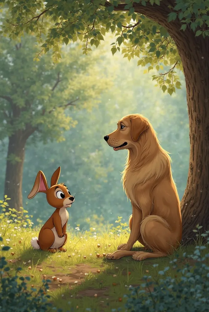 On the edge of a quiet forest, a little brown rabbit named Thumper was busy gathering berries when he heard whimpering. Curious, he followed the sound and found a big golden retriever sitting near a tree, his tail tucked between his legs.