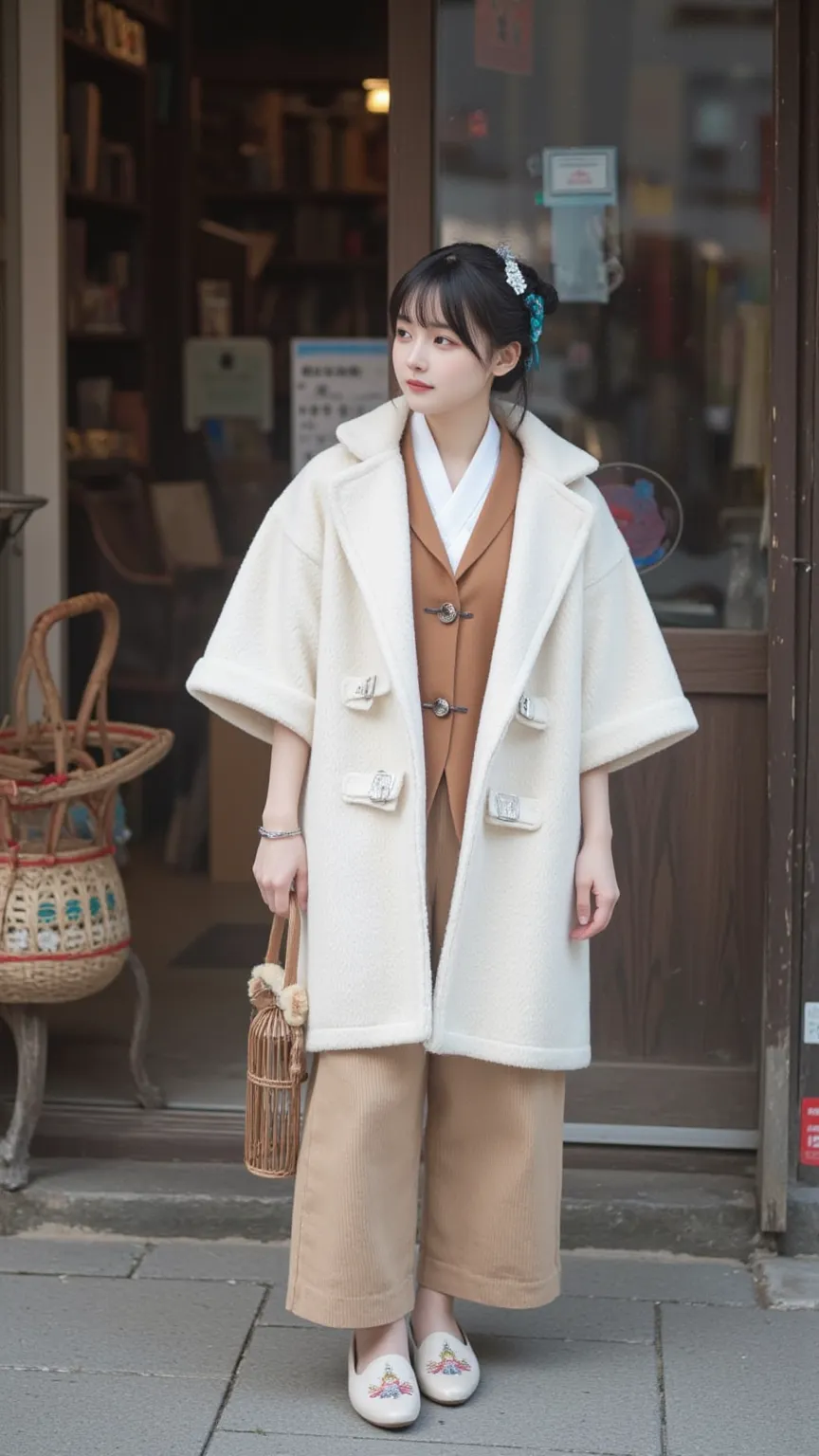  scene：in front of the morning shop at the entrance of the alley，She wears a moonshine white cloud pipa coat，搭配藏青woolen vest dress，flap with cloisonne dragonfly buckles。
appearance：with short celluloid hairpins，silver bracelet with twisted wire on the wris...