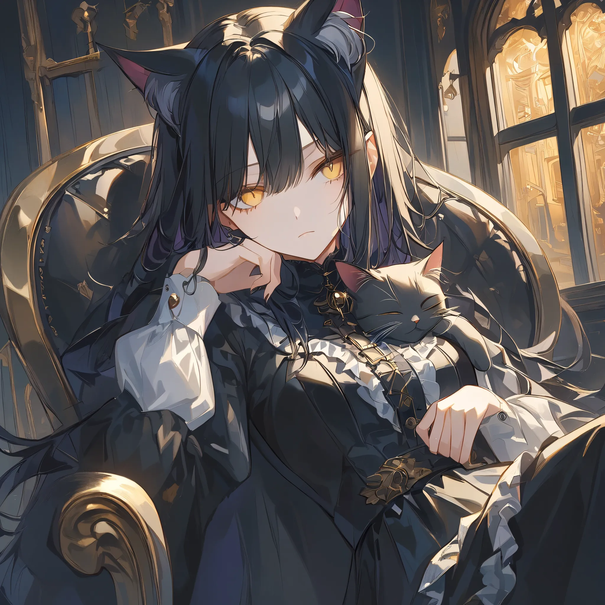 A woman with only cat ears sits on a。 gothic dress。 black hair。The background is a room in a Western-style building、I'm looking sleepy in the chair。 the color of the eyes is golden 。