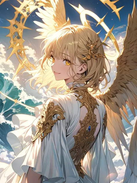 ((((  masterpiece)))), (((( Top Quality)))),  Hi-Res,fine grain, detailed face,,指の本数が正like,waves,1 girl,  Gold, Angel, yellow eyes, look here, turn their backs,背中にAngelの羽,Face facing here ,smile, I fly through the sky ,god々like,Sky,Celestial,Aerial,fantasy...