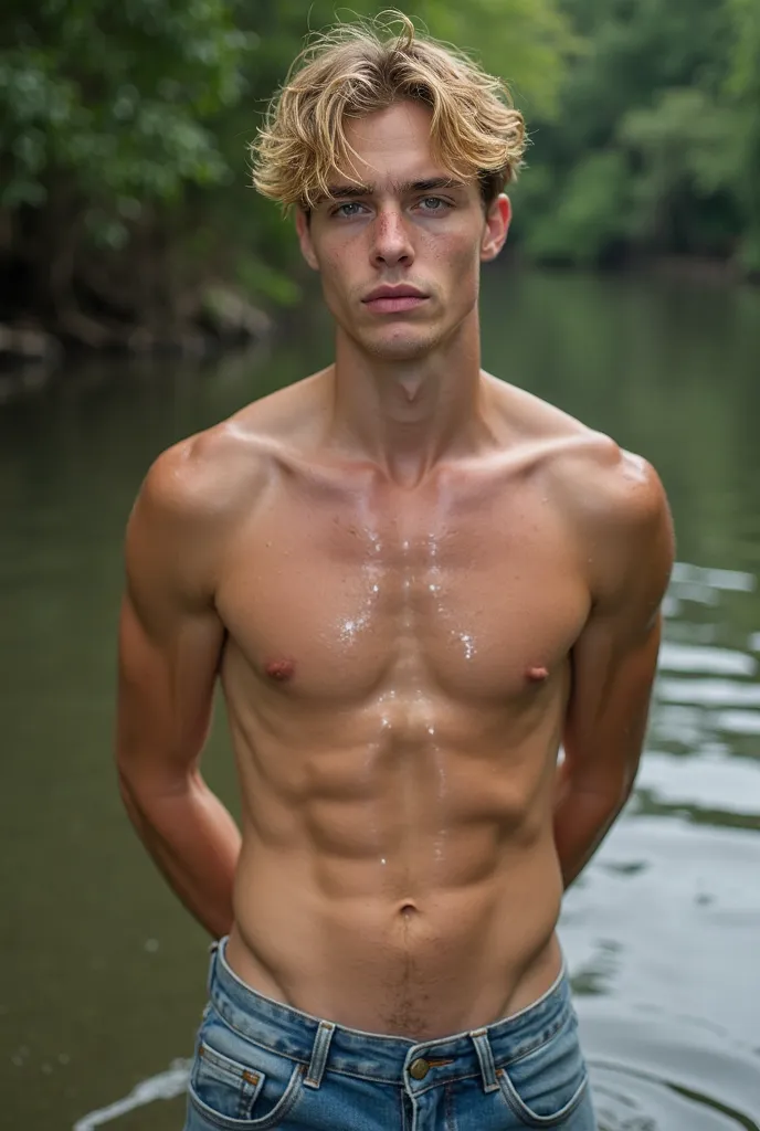 a solo shirtless young male, wet skin, wet hair, wet, glossy, dripping, drenched, glistening, parted lips, handsome young male, lean and fit body, beautiful body, 20 years old, blonde hair, green eyes, jeans, hands behind head, standing, in the river, anat...