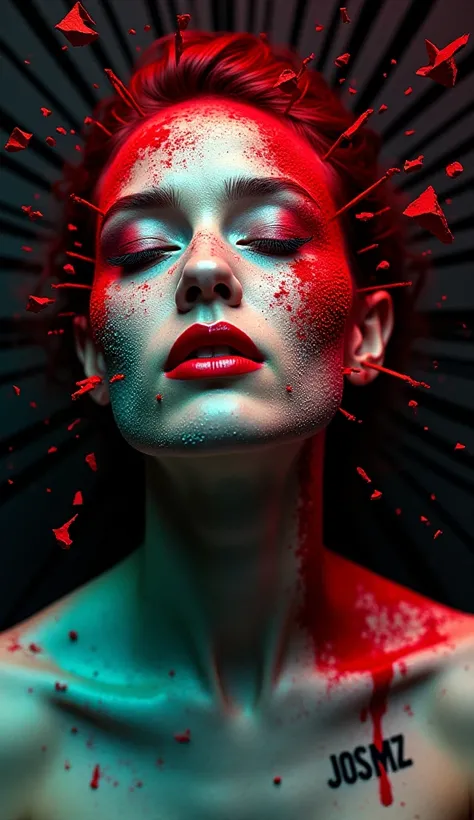 Artistic close-up of a woman's face covered in a textured substance in red and turquoise tones, simulating earth. Her eyes are closed and her lips are painted bright red with dramatic makeup. Intense lighting and shadows accentuate the irregular texture. A...