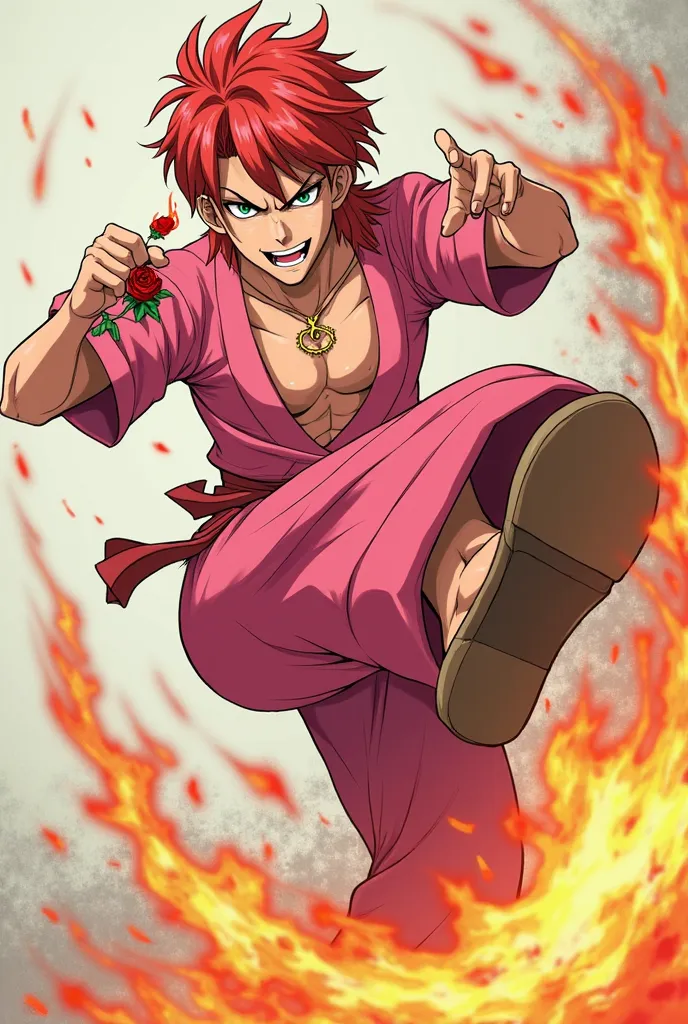  from anime, male, Red hair, with light pink blouse, With the face of a bad boy. He has a haircut called Mullet. Put him in a pink karate fighter kimono. He's now in a fighting pose,  kicking into the air . He controls the flames. He has a rose in his hand...