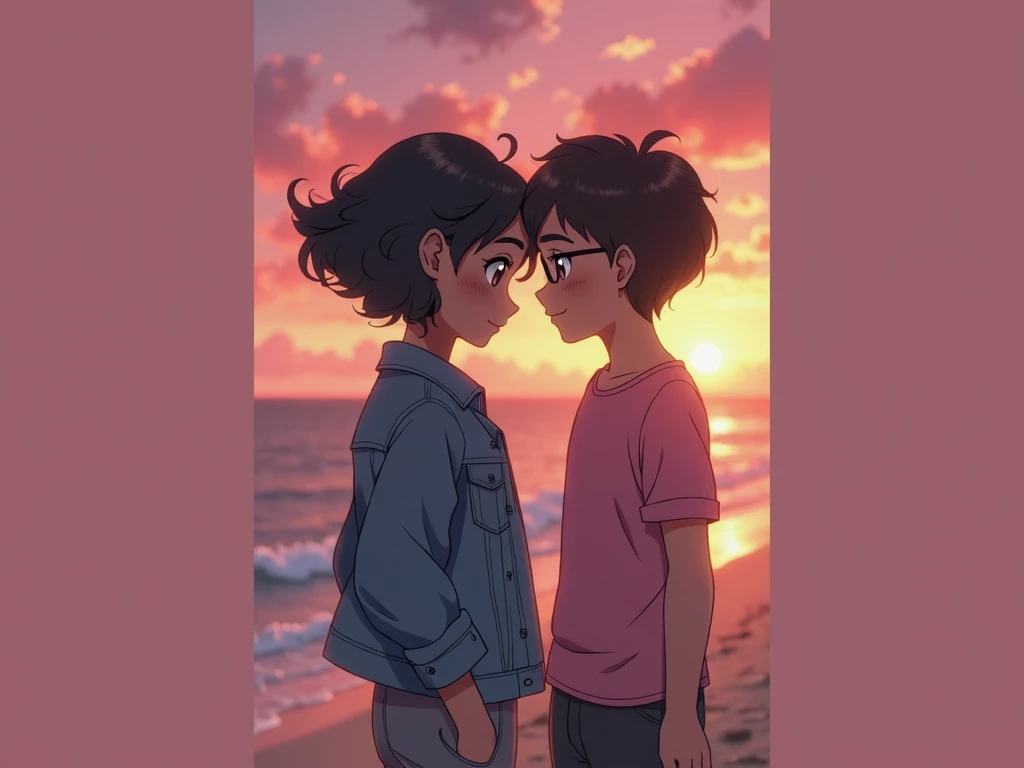 anime-style photo reference to " Pokemon "  a dark-skinned girl with short wavy black hair,  with brown eyes, with a jean jacket ,with a fair-skinned boy, black hair and black glasses and brown eyes with a pink t-shirt, together on a pink sunset on the sea...