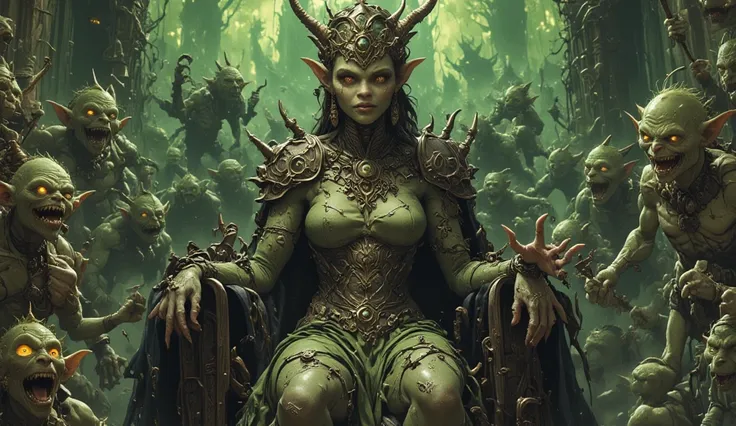 “a beautiful goblin queen, striking green eyes, alluring red lips, long eyelashes, elegant headdress adorned with dark jewels, ornate jewelry, flowing tattered gown with intricate patterns, a horde of evil mischievous goblins, small grotesque figures with ...