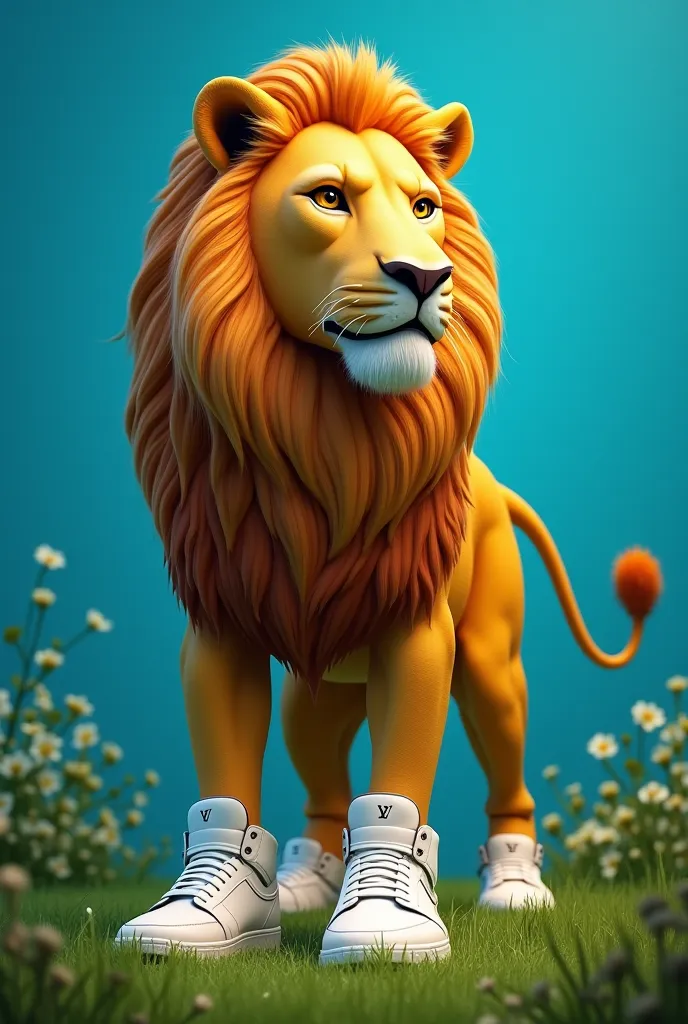 Create a logo for my tennis store that is represented by a lion and that has Louis Vuitton sneakers on its legs, that the image is colored with a blue background and that there is grass 