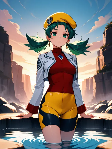 Kris_Gen2, long hair, green hair, twintails, green eyes, hat, yellow headwear, shirt, red shirt, jacket, white jacket, cropped jacket, long sleeves, shorts, bike shorts, yellow shorts, 8k, Obra maestra, mejor calidad, ultra detallado, detalles intrincados,...