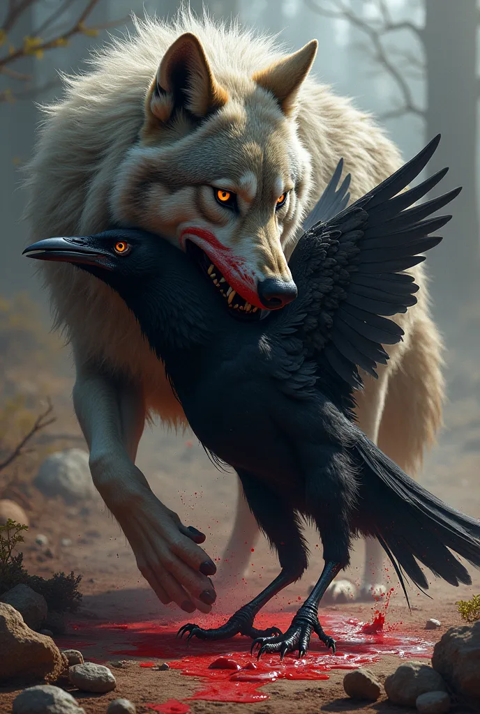 wolf eating a crow with agresive way with the blood and more daramatic