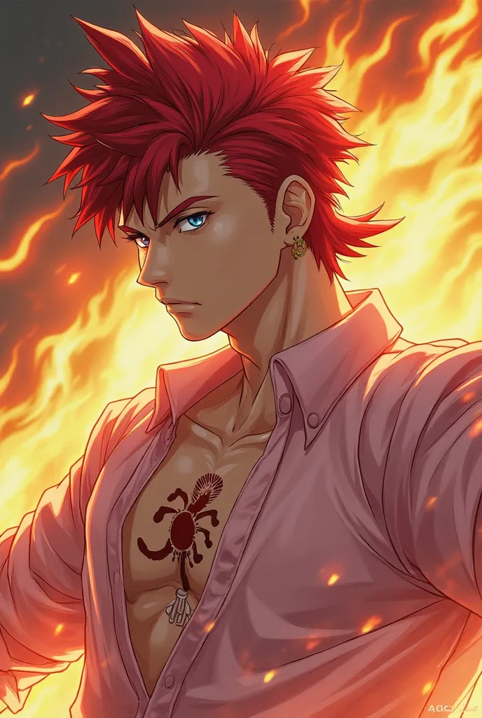  from anime, male, Red hair, with light pink blouse, With the face of a bad boy. He has a haircut called Mullet. Put him in a pink karate fighter kimono. He's now in a fighting pose,  kicking into the air . He controls the flames. His eyes are green. He ha...