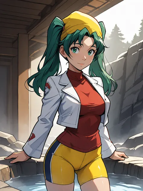 Kris_Gen2, long hair, green hair, twintails, green eyes, hat, yellow headwear, shirt, red shirt, jacket, white jacket, cropped jacket, long sleeves, shorts, bike shorts, yellow shorts, 8k, Obra maestra, mejor calidad, ultra detallado, detalles intrincados,...