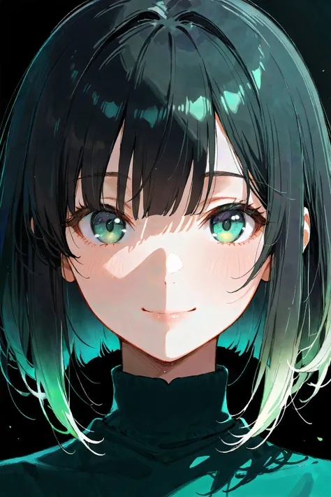 black hair, [(gradient hair from turquoise green to black:1.6):0.4], (turquoise green inner hair:0.8), 　Graduated Bob,　Straight Bangs,

masterpiece, best quality, ultra detailed,  highres icon, 4K, 8k, extremely detailed CG, accurate,  Ultra High Definitio...