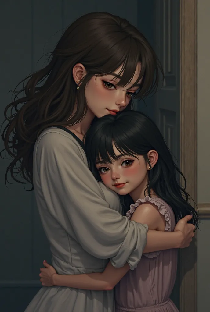 A cool girl , Brown hair and a huddled girl, Black hair, embraced