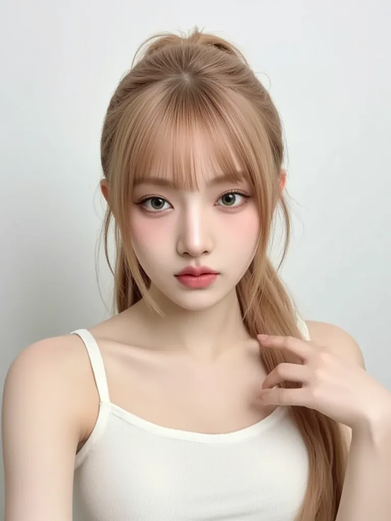 A kpop girl, korean, strawberry blonde hair,, pretty smile, douyin makeup, gorgeous, , stunning, lovely, basic, plain white background, trainee photo, white shirt (tank top)Parted Bangs, Low Ponytail, princess big curls, instagram post, selfie, trendy, cut...