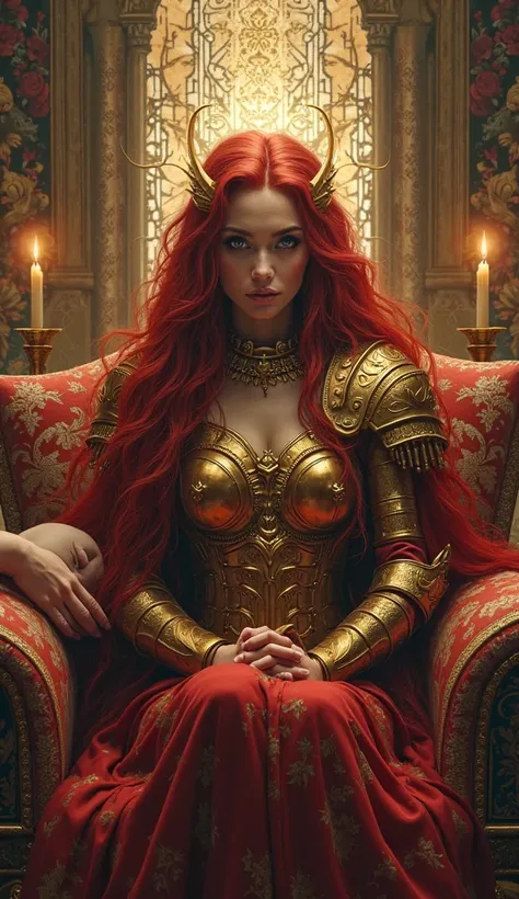 Shadow goddess of love and souls red hair in warrior and gold armour, mis en situation de psychologue dans un cabinet avec un patient sur le canapé ÉROS dieu de l'amour 