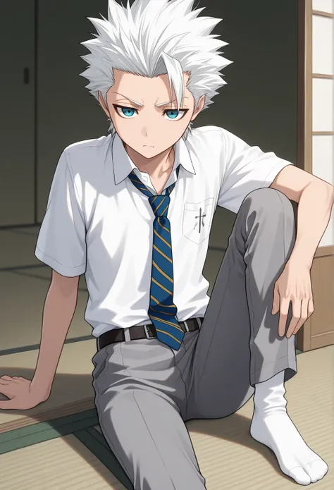 masterpiece, best quality, 
toshihtsu, 1boy, male focus, solo, blue eyes, white hair, short hair, spiked hair, single bang, school uniform, shirt, white shirt, collared shirt, short sleeves, necktie, blue necktie, striped necktie, striped, pants, grey pans...