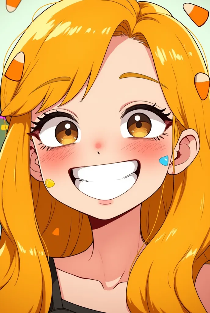  cartoon, a young woman with long, vibrant yellow-orange hair.  Her hair is wavy and falls over her shoulders.  She is smiling widely , revealing healthy white teeth.  Her skin is clear and she has freckles or designs that mimic corn candies (candy corn)  ...