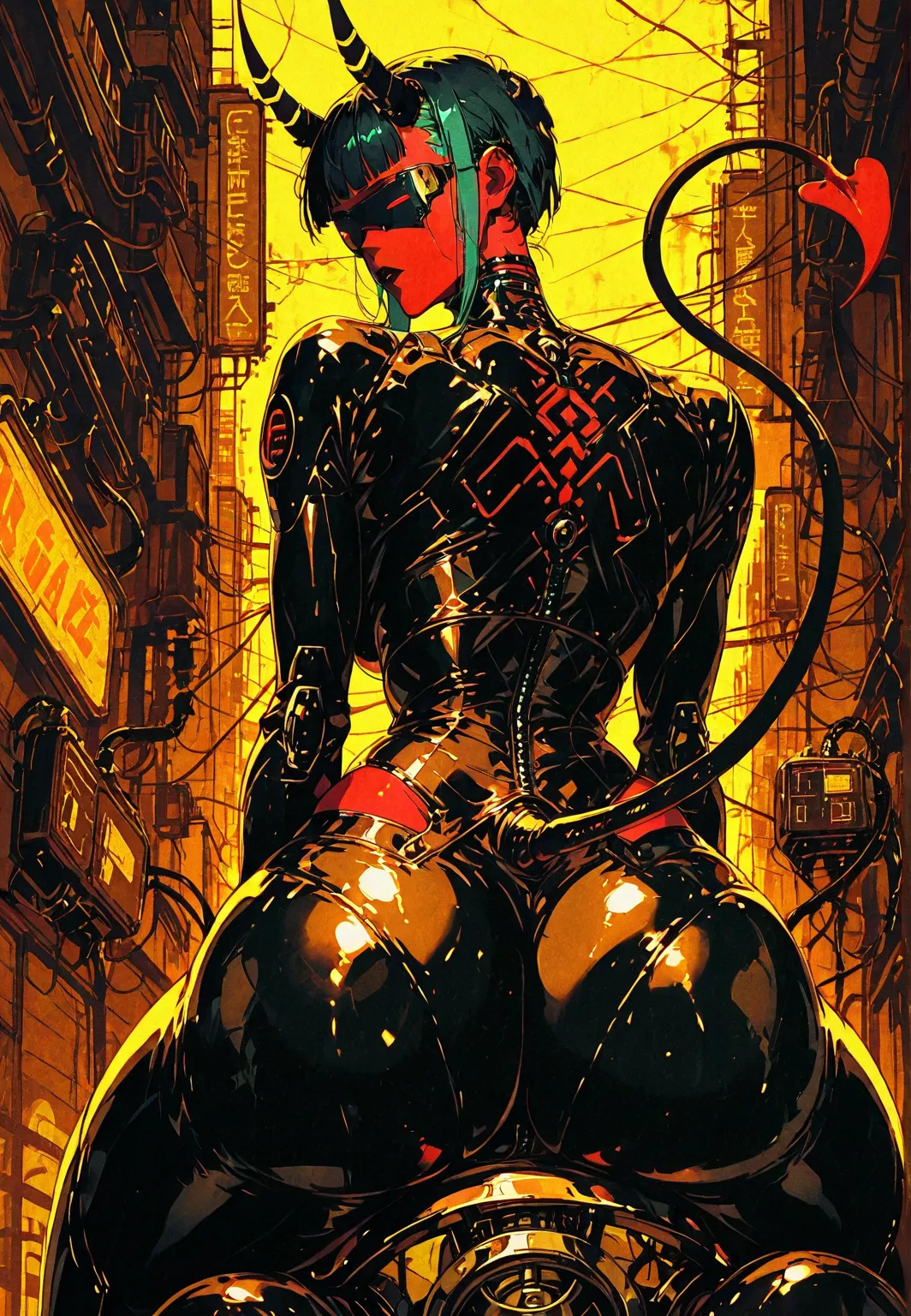 front view:  demon girl , Red skin, Horns, TAIL , latex costume,  robotic circuits , breasts, big ass, big hips, devices futuristic, aggressive, brown, ((riding a futuristic motrocycle)) . Background: cyberpunk city. dark atmosphere. front view.