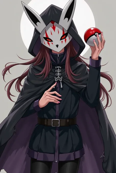 Clothes: A black haunted cape with subtle gray or dark purple details, with creases torn at the edges to give a more intimidating.
mask: A fox mask (narrow) white, with red patterns and bright eyes.
hair: long and brown, partially visible under the mask.
a...