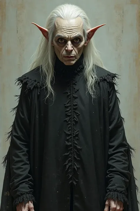 Portrait of a pale old man with wrinkled skin with large, wide-open black eyes with sinister eyes and long white hair up to shoulder height and wide white eyebrows and pointed ears thrown back like this and a long serrated black shirt without buttons, long...