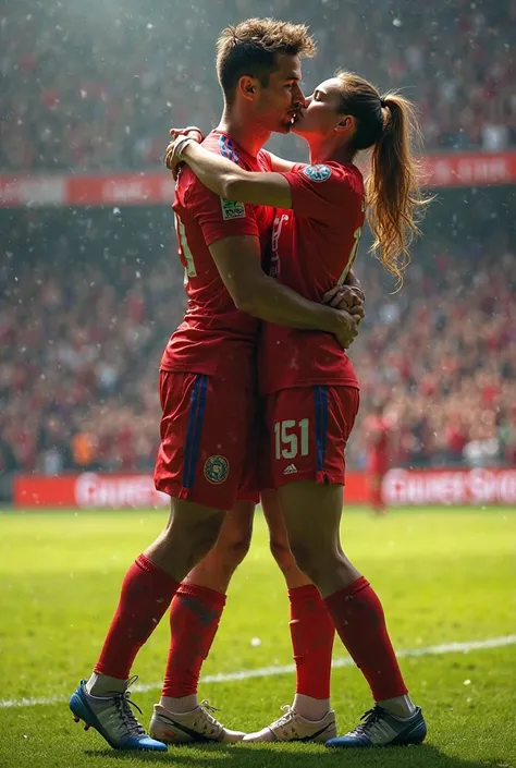 Male soccer player kissing female soccer player 