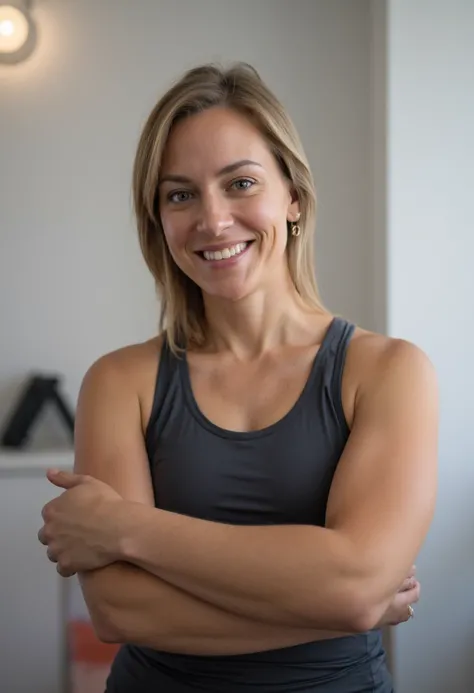 athletic beautiful mid 40s canadian female chiropractor wearing tank top  in clinic. thick upper arms. smiling. photograph