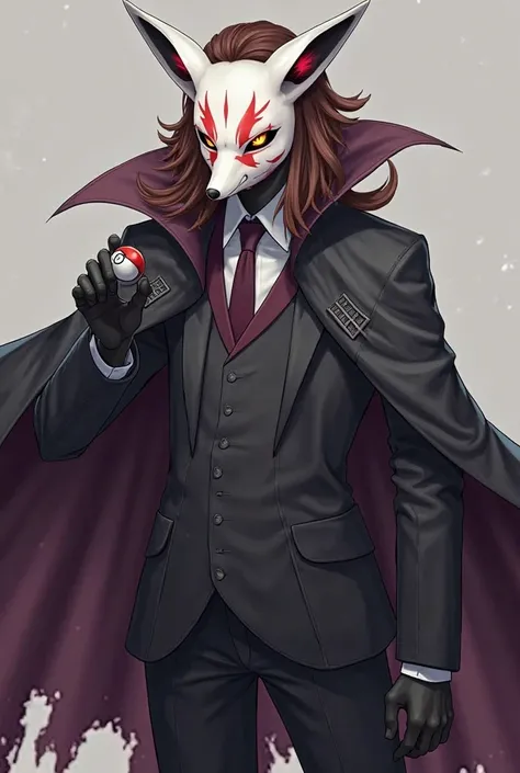 Clothes: A black cape and suit with subtle gray or dark purple details, with creases torn at the edges to give a more intimidating appearance.
mask: A fox mask (narrow) white, with red patterns and bright eyes.
hair: long and brown, partially visible under...