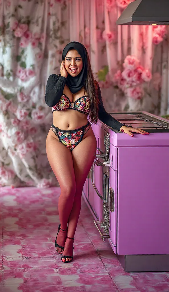 Pink background, young,big chubby ,widow woman ,hijab ,malay,age 33,Floral Lingerie,transparent tights、short usage of white, big hips, big , large crown, large breast  ,Angry, 
Open Mouth, Best Quality, Smile, Wide Shot, Smile...👰‍♀️