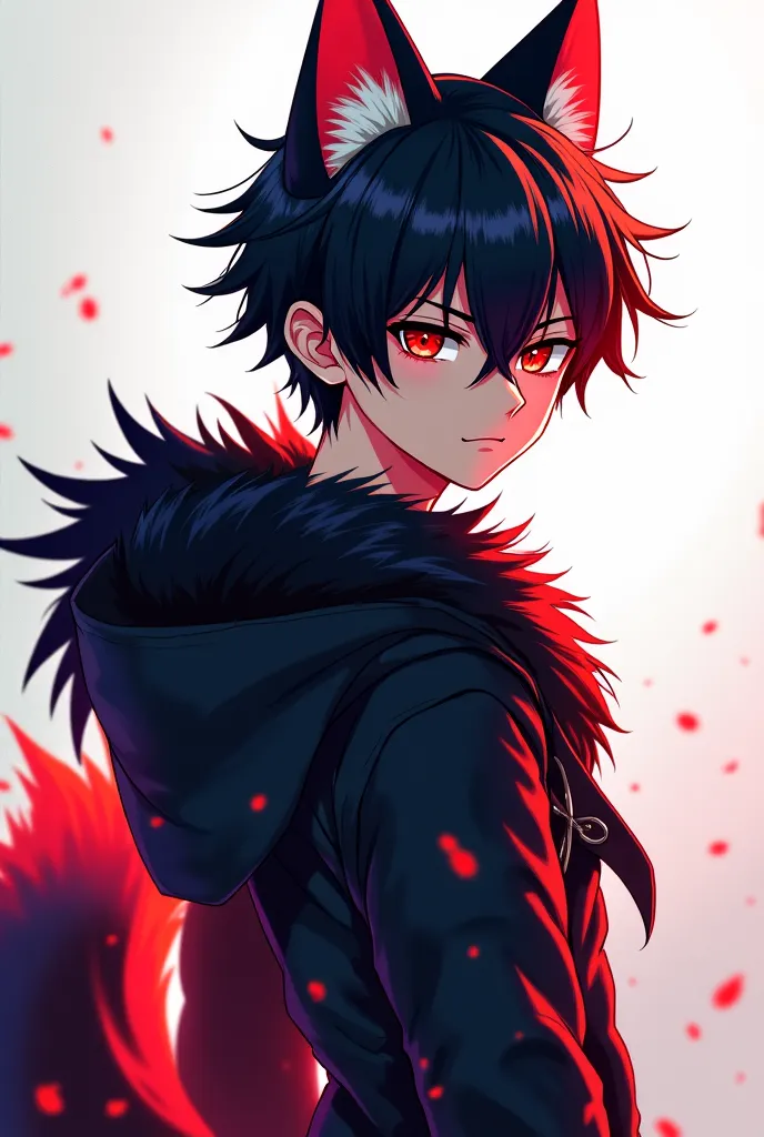 age anime boy with wolf ears and tail,  short black hair, red eyes, beautiful, Seriously and 1,95m high.