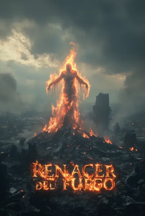 "An apocalyptic and desolate landscape, with dark skies filled with stormy clouds. In the center of the image, an ethereal specter, wrapped in flames, rises from the ruins of a destroyed city, symbolizing rebirth from the fire. Its figure is translucent an...