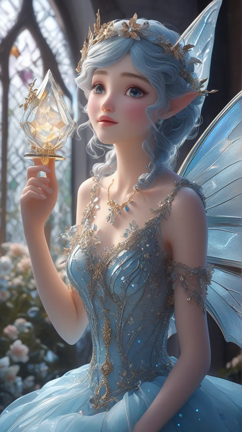  made of clear light blue gothic glass crystal glass、There are a lot of beautiful fairies that are very long, Narrow base  ,There are a lot of beautiful fairies  , soul,  fairy tale, soul、soul,   colorful  ,  gold,  Cinematic pastel lighting  , 8k,  Bage d...