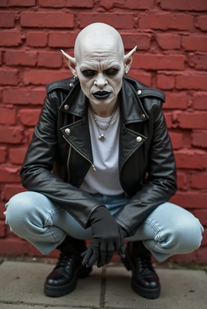 The image shows a person crouching against a red brick wall, wearing clothes modern with a gothic or punk aesthetic. She wears a black leather jacket over a white t-shirt, light jeans folded in the bar sturdy black boots. His hands are covered by gloves wi...