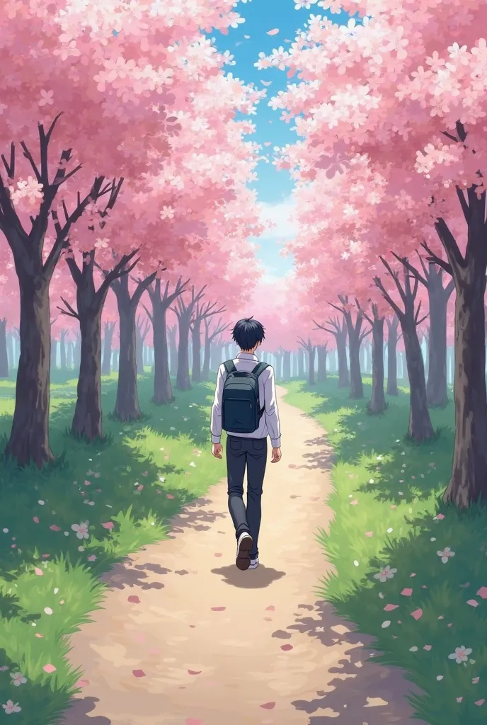 male high school students３A picture of a person walking down a path under cherry blossoms
