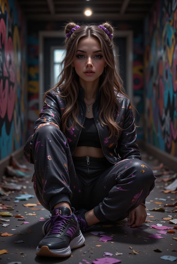 (chica, Brown hair, long, two high bows, mechas addresss,) shoes wearing baggy pants in color (negro con diseño de cintas policíacas addresss) , with one leg rolled up to the knee, Reebok shaq attaq (blacks with purples) and cropped puffer jacket ( address...