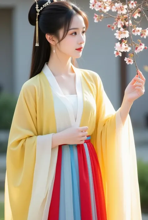 The image depicts a young woman dressed in traditional Hanfu attire. She is wearing a flowing yellow robe layered with white, along with a vibrant red and blue skirt. Her hair is styled elegantly with a decorative hairpin, complementing the serene and natu...