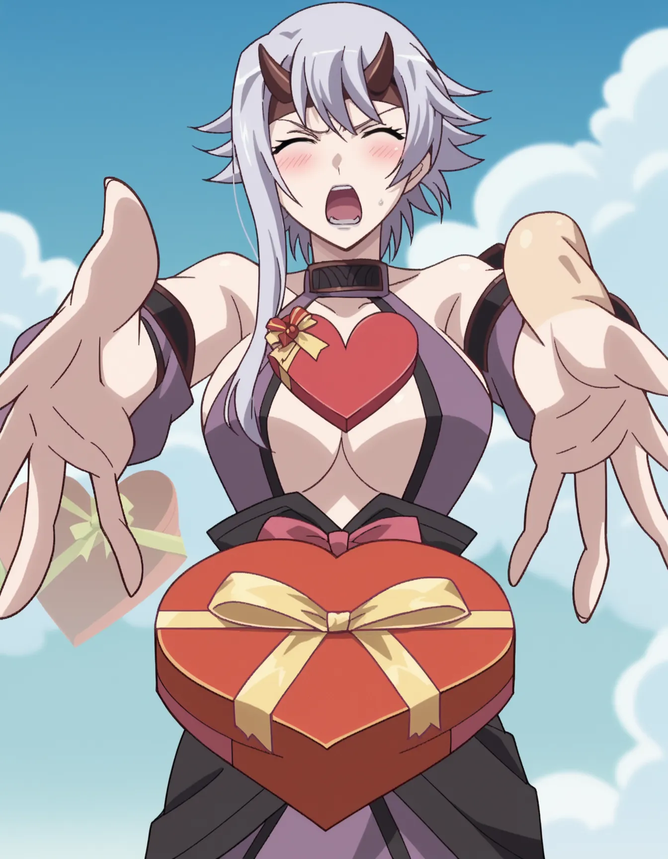 score_9, score_8_arriba, score_7_arriba,   source  _anime, Shizuka, big breasts,  green eyes , White hair, anime screencap, heart-shaped box, supporting, box, gift, Valentine, incoming gift, eyes closed, blush, with her mouth open,  arms outstretched,  out...