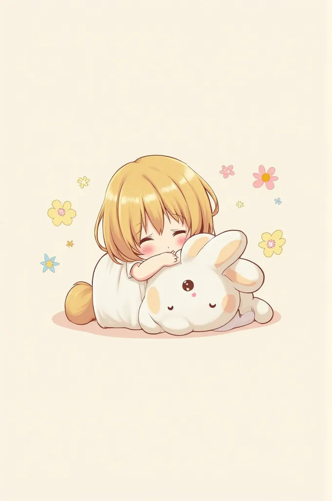 Illustration of a blonde chibi, anime-type girl with straight hair up to her shoulders, Hime cut hair, hugging a Cinnamoroll plush toy